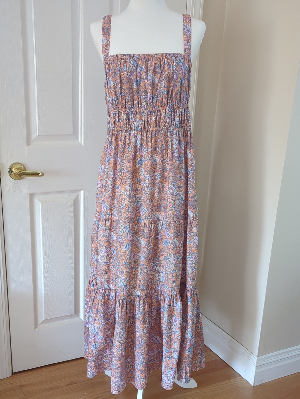 J. Crew Peach and Lavender Floral Smocked Maxi Dress